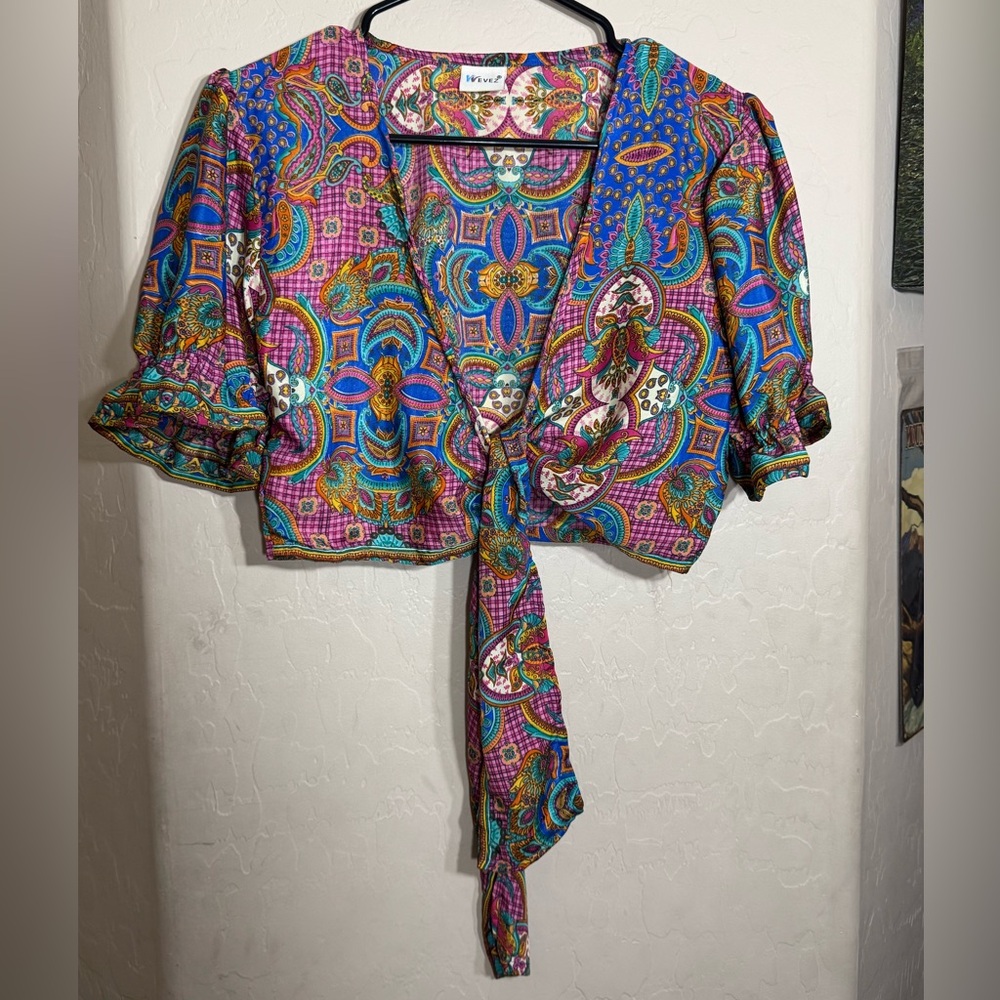 Wevez 100% Silk India Tie Front Boho Crop Top Multicolor Paisley Festival